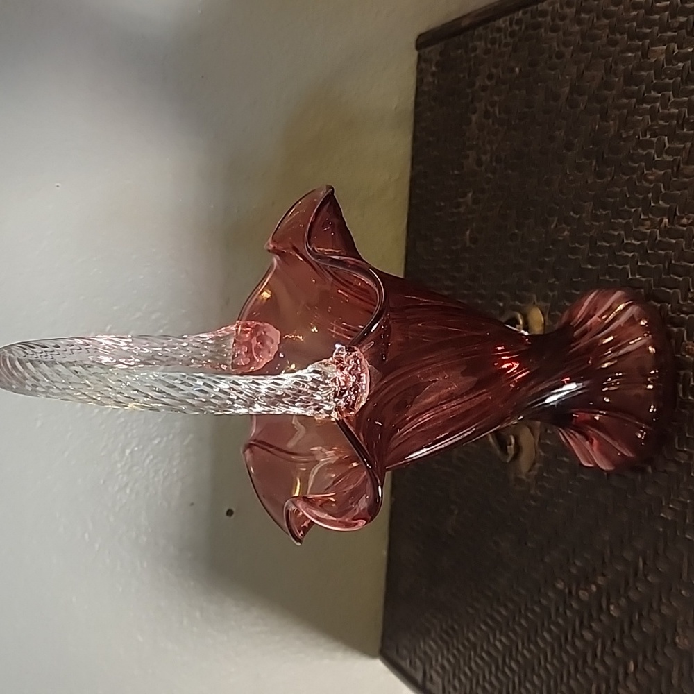 Vintage Fenton Style Glass Basket Vase Cranberry Red Burgundy Vase - Picture 6 of 10